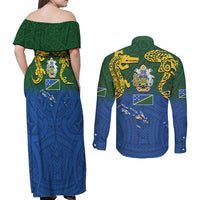Solomon Islands Couples Matching Off Shoulder Maxi Dress and Long Sleeve Button Shirt The Guardians-Tribal Crocodile and Shark Melanesian Tattoo
