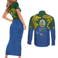 Solomon Islands Couples Matching Short Sleeve Bodycon Dress and Long Sleeve Button Shirt The Guardians-Tribal Crocodile and Shark Melanesian Tattoo