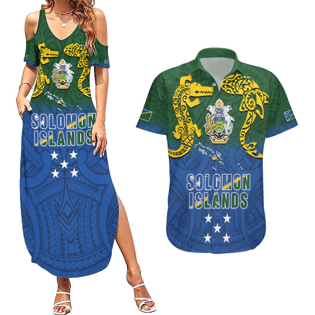 Solomon Islands Couples Matching Summer Maxi Dress and Hawaiian Shirt The Guardians-Tribal Crocodile and Shark Melanesian Tattoo LT03 Green - Polynesian Pride