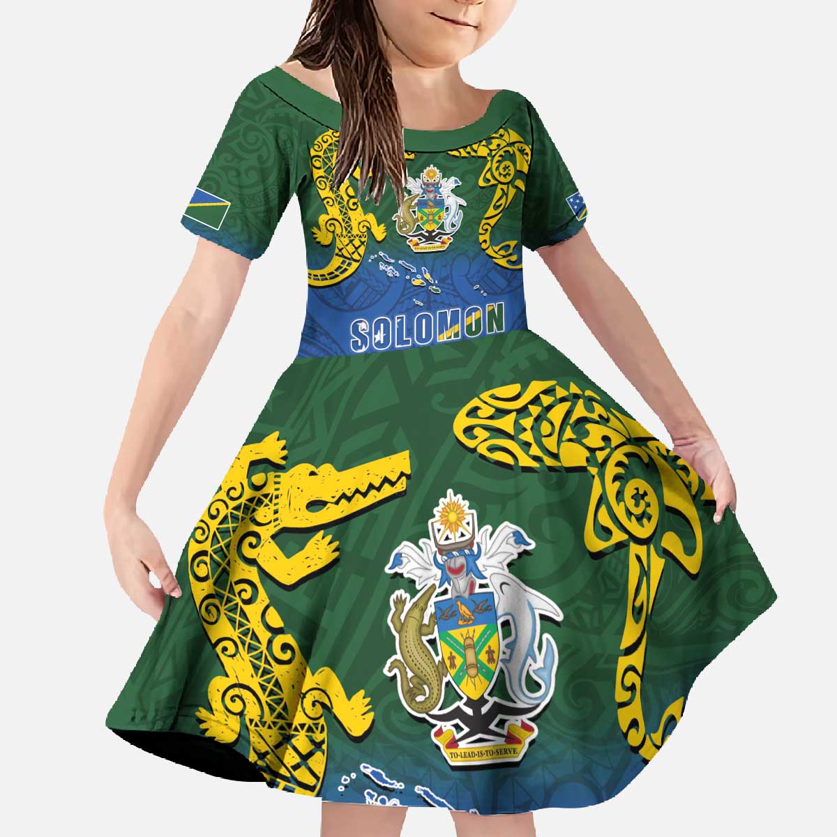 Solomon Islands Family Matching Off The Shoulder Long Sleeve Dress and Hawaiian Shirt The Guardians-Tribal Crocodile and Shark Melanesian Tattoo LT03 Daughter's Dress Green - Polynesian Pride