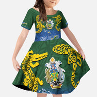 Solomon Islands Family Matching Off The Shoulder Long Sleeve Dress and Hawaiian Shirt The Guardians-Tribal Crocodile and Shark Melanesian Tattoo LT03 Daughter's Dress Green - Polynesian Pride
