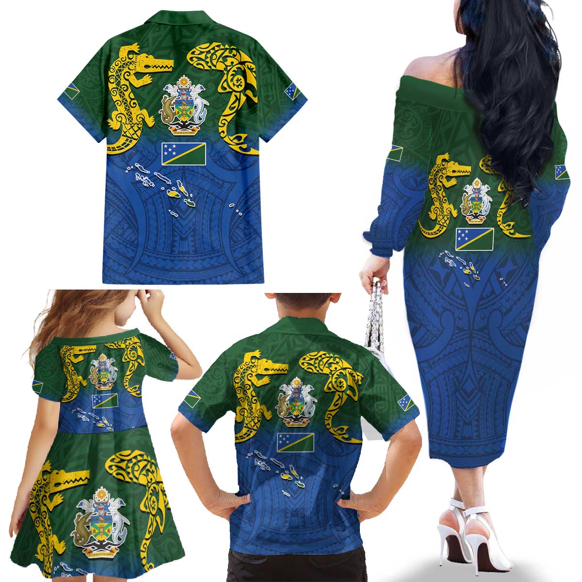 Solomon Islands Family Matching Off The Shoulder Long Sleeve Dress and Hawaiian Shirt The Guardians-Tribal Crocodile and Shark Melanesian Tattoo LT03 - Polynesian Pride