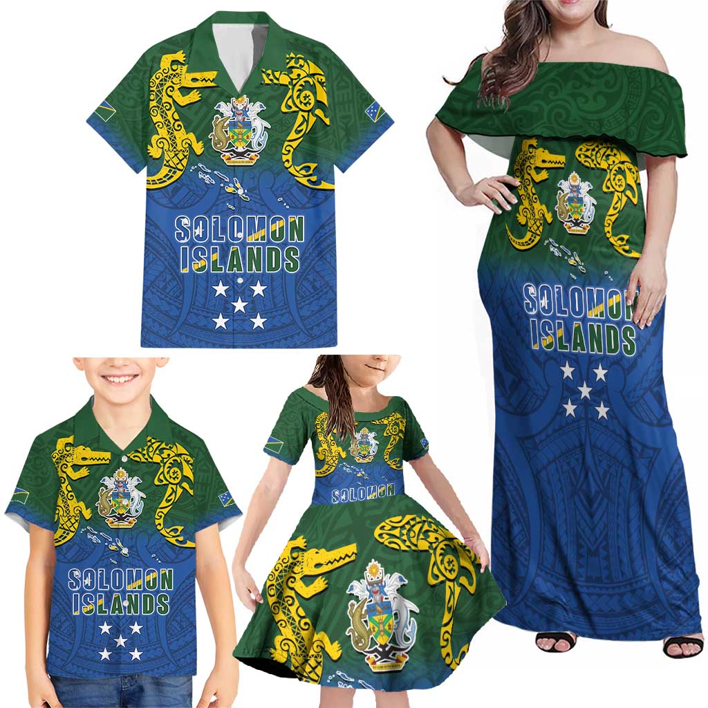 Solomon Islands Family Matching Off Shoulder Maxi Dress and Hawaiian Shirt The Guardians-Tribal Crocodile and Shark Melanesian Tattoo
