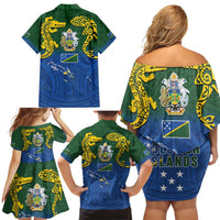 Solomon Islands Family Matching Off Shoulder Short Dress and Hawaiian Shirt The Guardians-Tribal Crocodile and Shark Melanesian Tattoo
