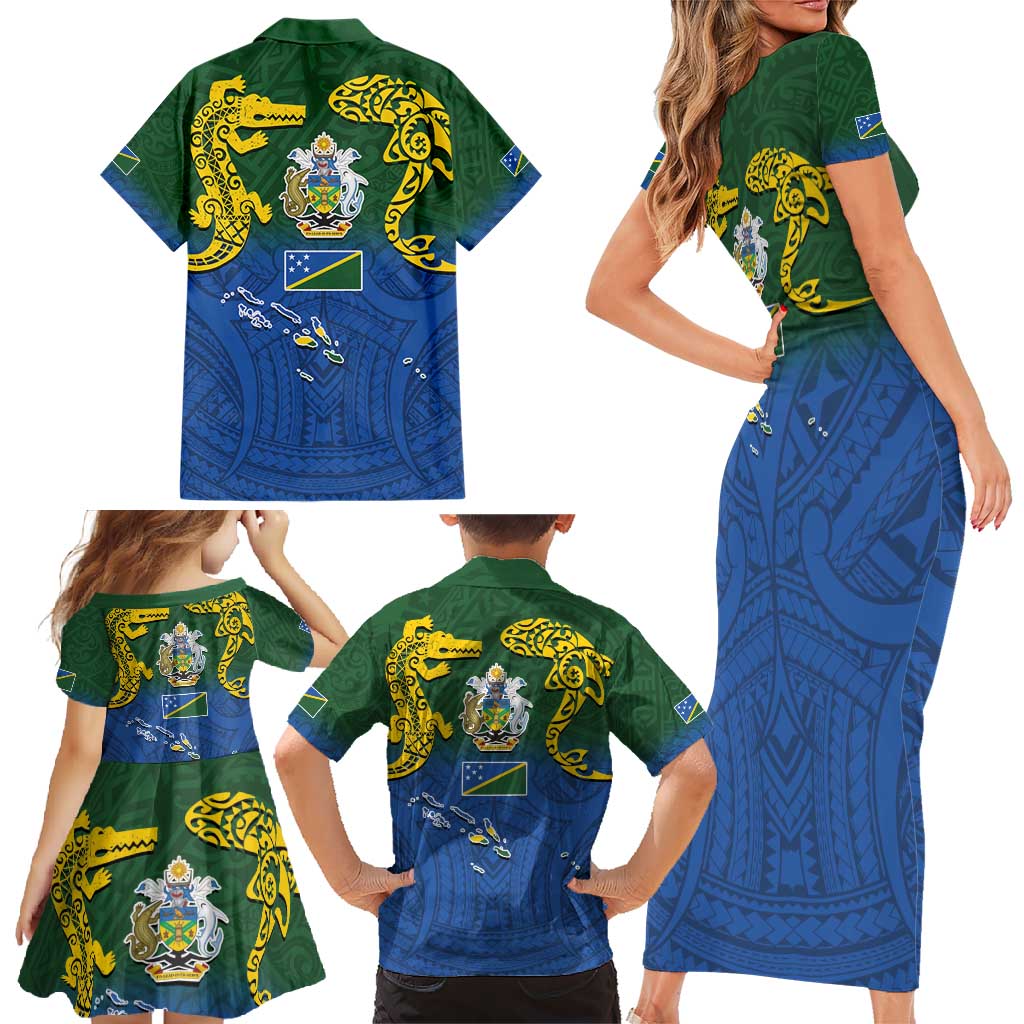 Solomon Islands Family Matching Short Sleeve Bodycon Dress and Hawaiian Shirt The Guardians-Tribal Crocodile and Shark Melanesian Tattoo