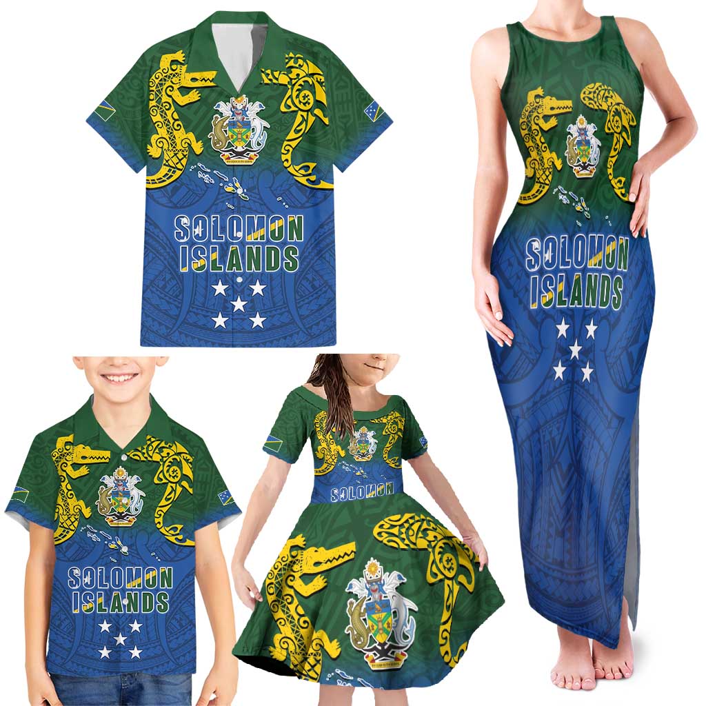 Solomon Islands Family Matching Tank Maxi Dress and Hawaiian Shirt The Guardians-Tribal Crocodile and Shark Melanesian Tattoo