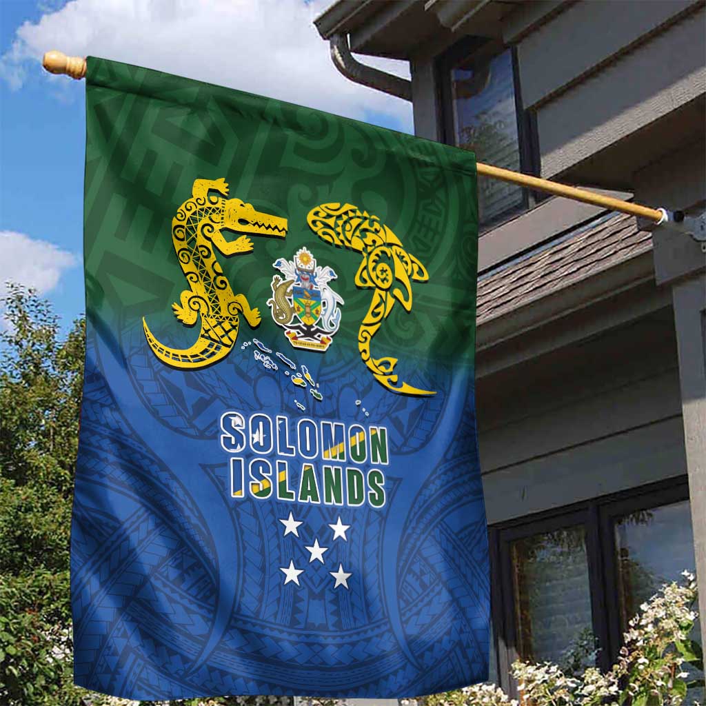 Solomon Islands Garden Flag The Guardians-Tribal Crocodile and Shark Melanesian Tattoo