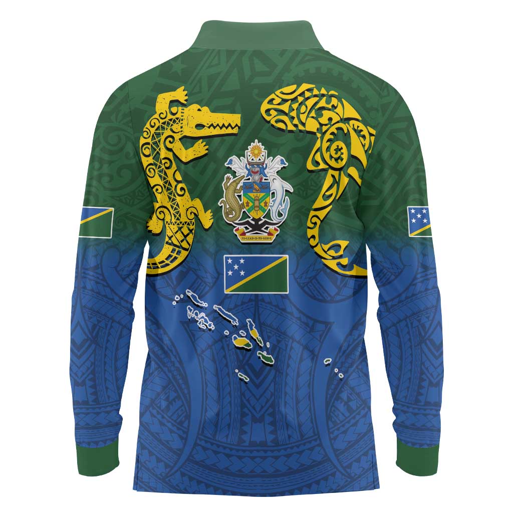 Solomon Islands Long Sleeve Polo Shirt The Guardians-Tribal Crocodile and Shark Melanesian Tattoo