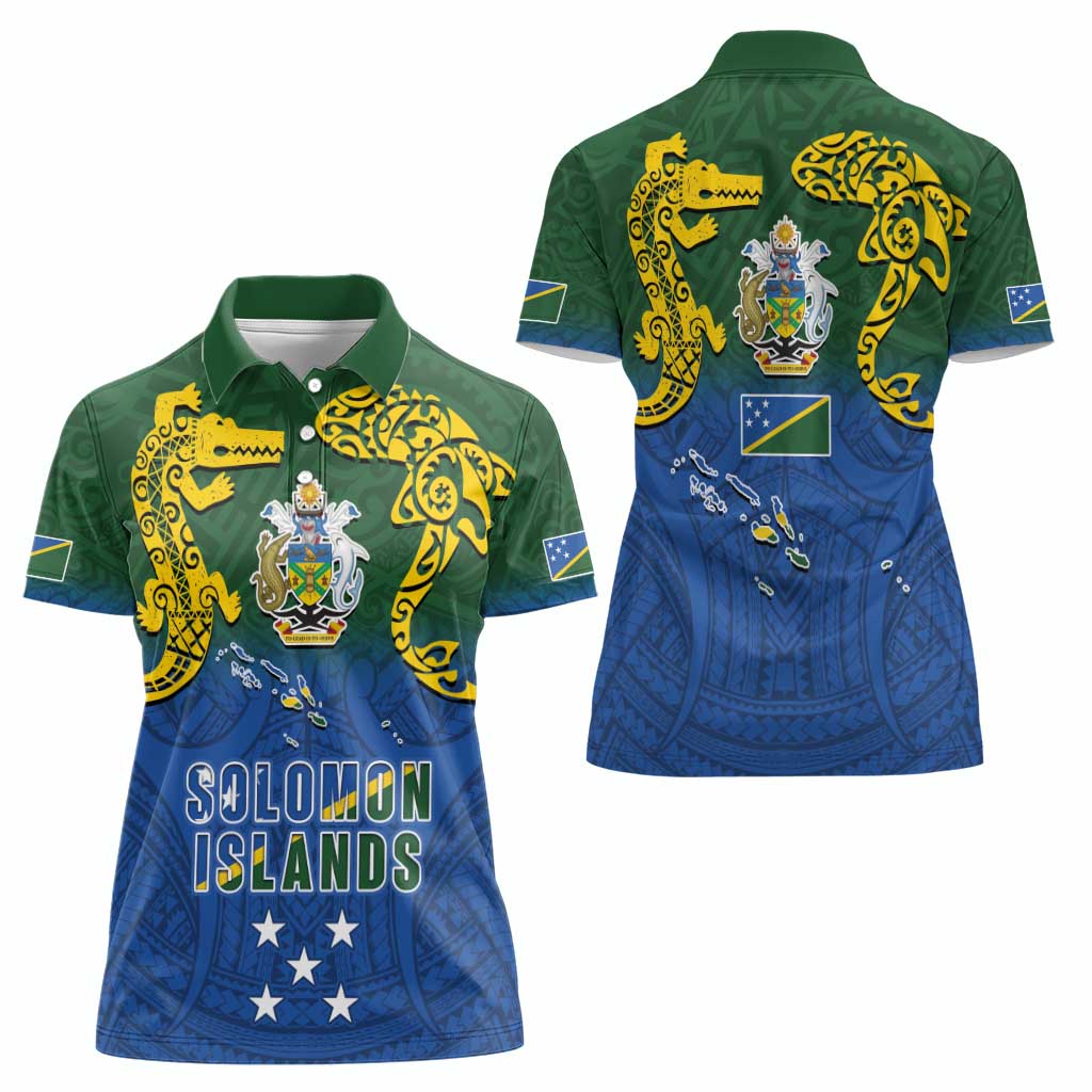 Solomon Islands Women Polo Shirt The Guardians-Tribal Crocodile and Shark Melanesian Tattoo