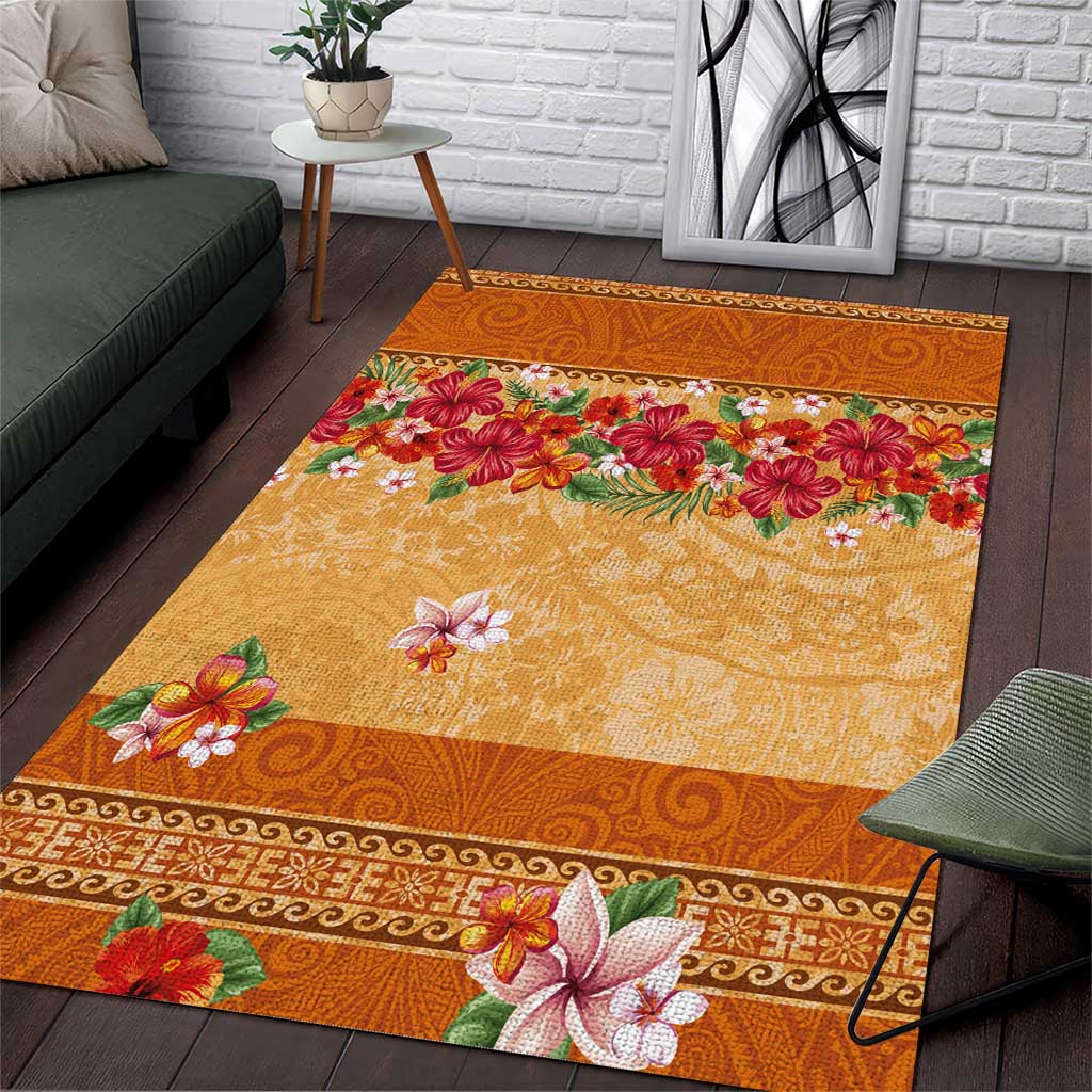 Hawaii Hibiscus Area Rug Turtles and Tribal Motifs Vintage Floral Style