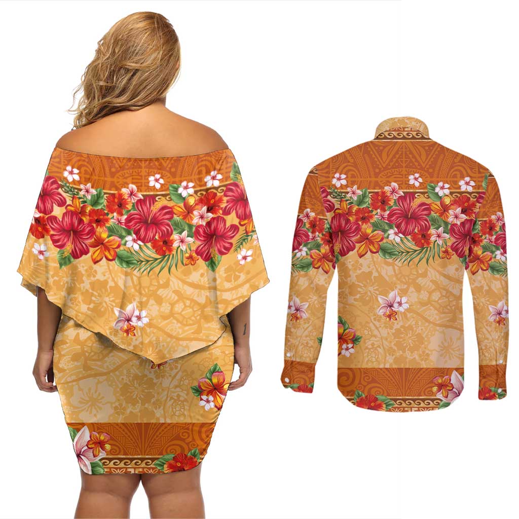 Hawaii Hibiscus Couples Matching Off Shoulder Short Dress and Long Sleeve Button Shirt Turtles and Tribal Motifs Vintage Floral Style