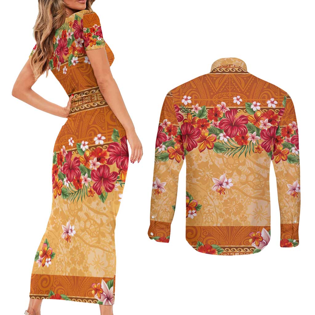 Hawaii Hibiscus Couples Matching Short Sleeve Bodycon Dress and Long Sleeve Button Shirt Turtles and Tribal Motifs Vintage Floral Style