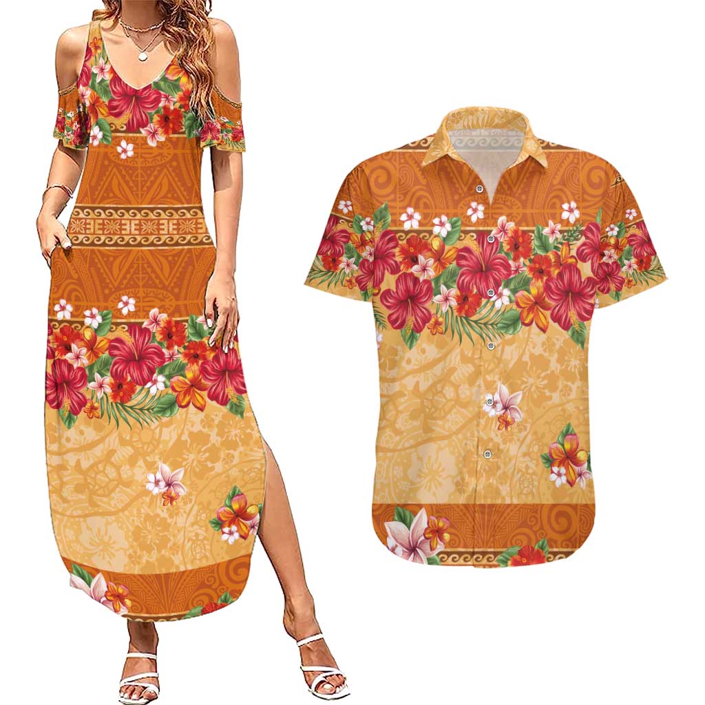 Hawaii Hibiscus Couples Matching Summer Maxi Dress and Hawaiian Shirt Turtles and Tribal Motifs Vintage Floral Style