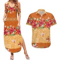Hawaii Hibiscus Couples Matching Summer Maxi Dress and Hawaiian Shirt Turtles and Tribal Motifs Vintage Floral Style