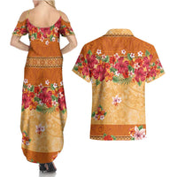 Hawaii Hibiscus Couples Matching Summer Maxi Dress and Hawaiian Shirt Turtles and Tribal Motifs Vintage Floral Style