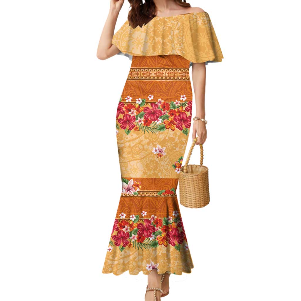 Hawaii Hibiscus Mermaid Dress Turtles and Tribal Motifs Vintage Floral Style LT03 Women Yellow - Polynesian Pride