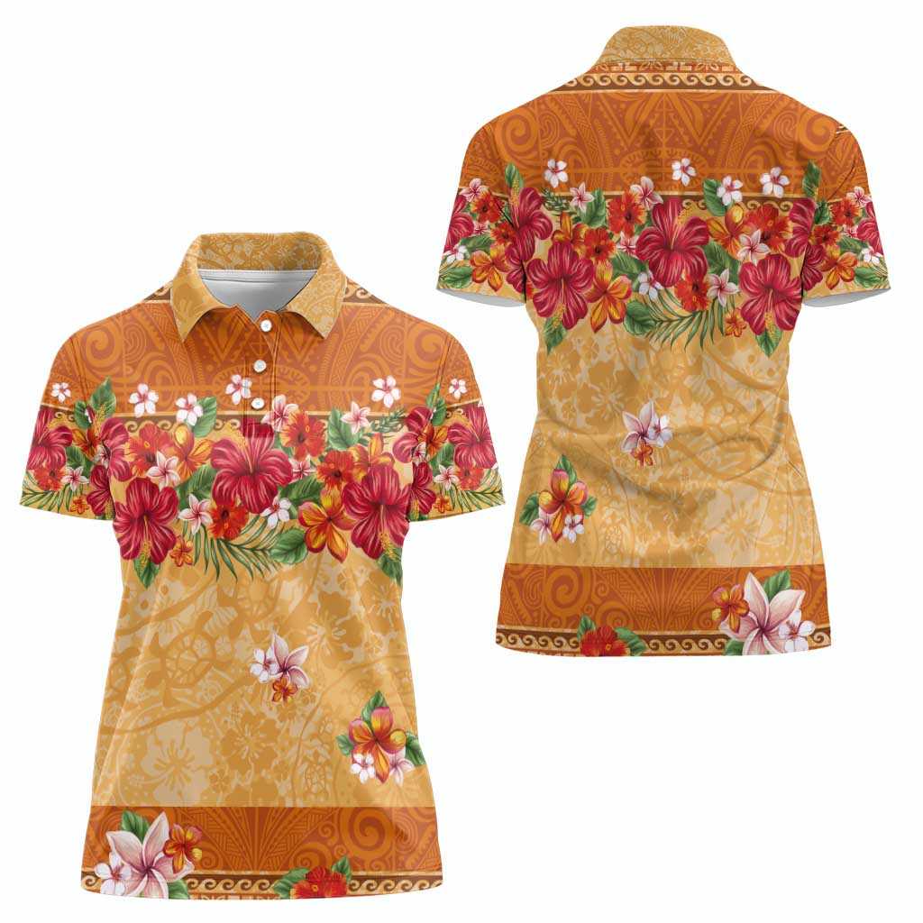 Hawaii Hibiscus Women Polo Shirt Turtles and Tribal Motifs Vintage Floral Style LT03 - Polynesian Pride