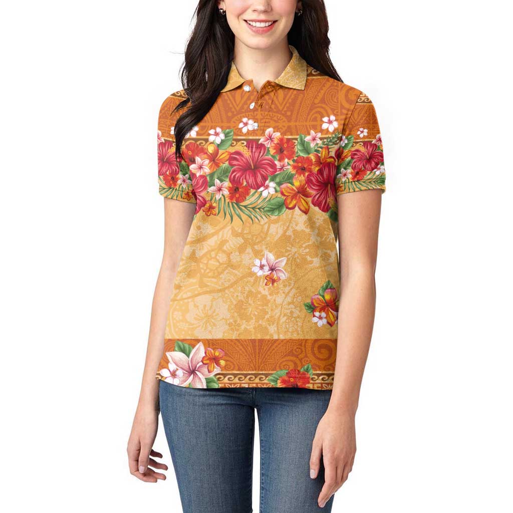 Hawaii Hibiscus Women Polo Shirt Turtles and Tribal Motifs Vintage Floral Style LT03 - Polynesian Pride