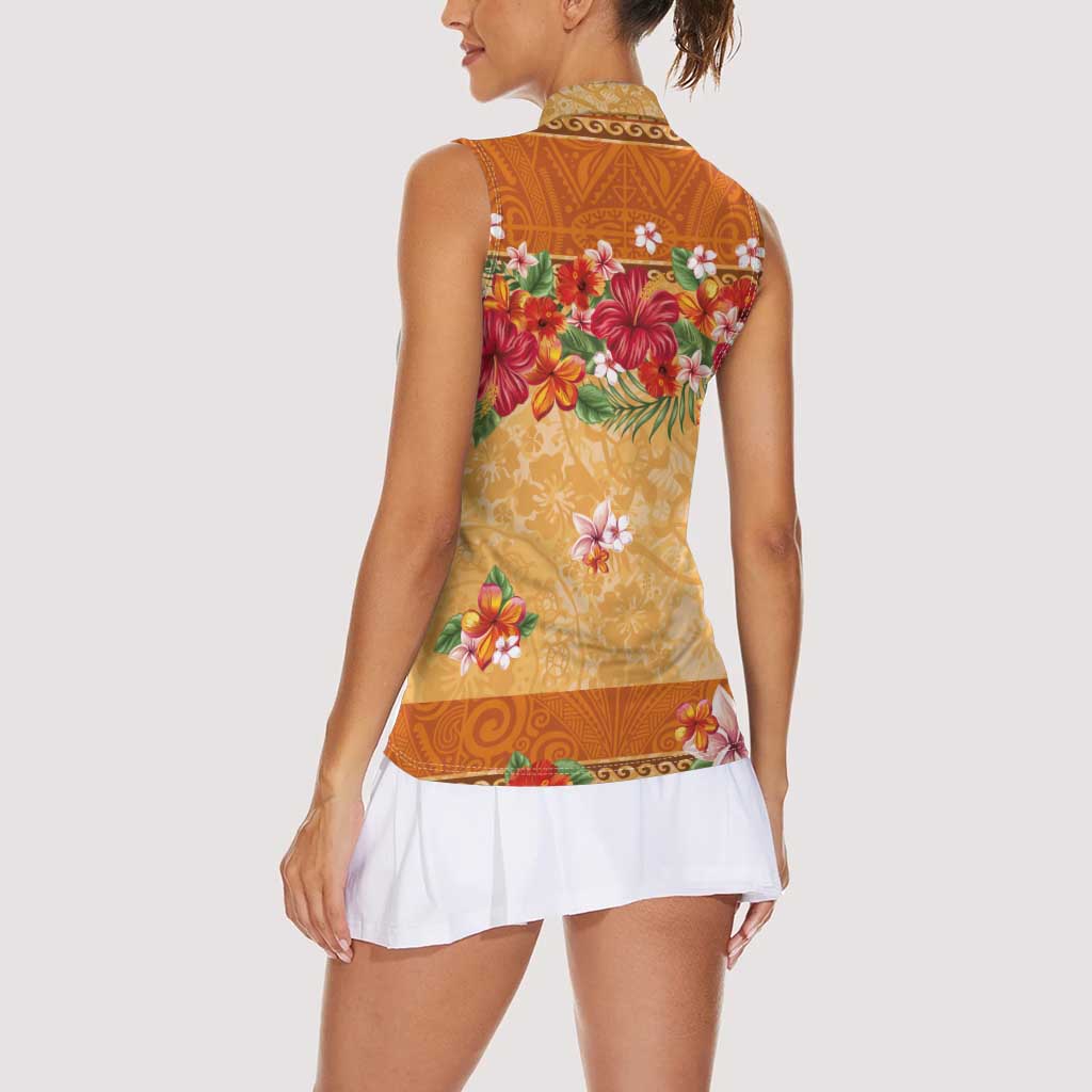 Hawaii Hibiscus Women Sleeveless Polo Shirt Turtles and Tribal Motifs Vintage Floral Style LT03 - Polynesian Pride