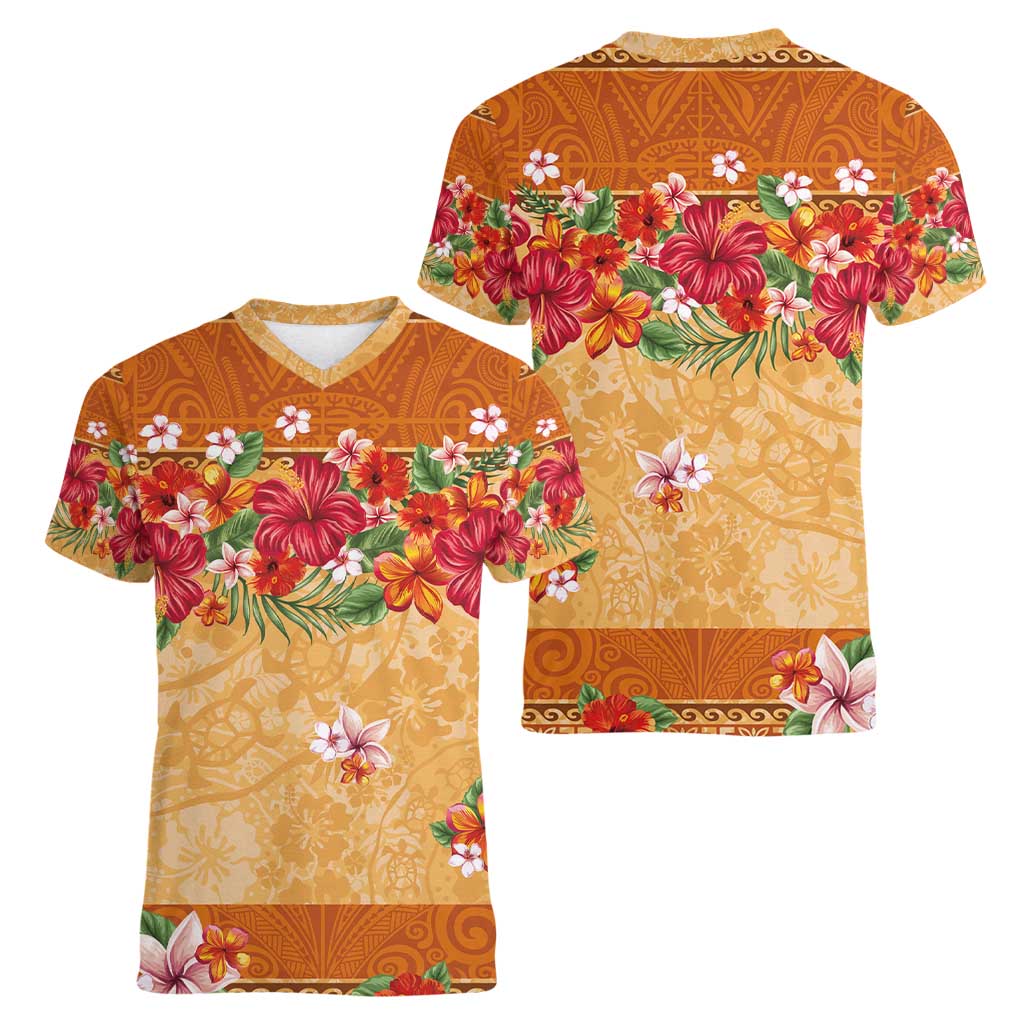 Hawaii Hibiscus Women V-Neck T-Shirt Turtles and Tribal Motifs Vintage Floral Style