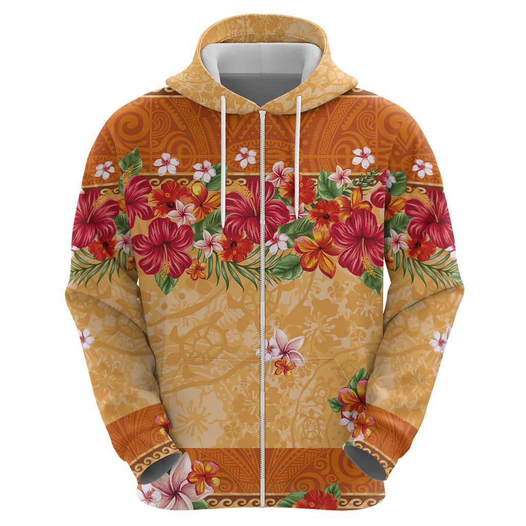 Hawaii Hibiscus Zip Hoodie Turtles and Tribal Motifs Vintage Floral Style