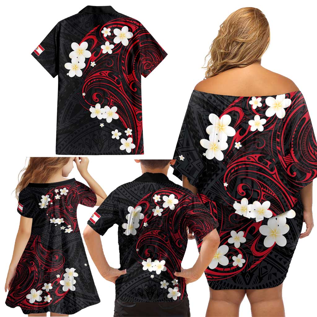 French Polynesia Tiare Day Family Matching Off Shoulder Short Dress and Hawaiian Shirt Seal and Polynesian Pattern