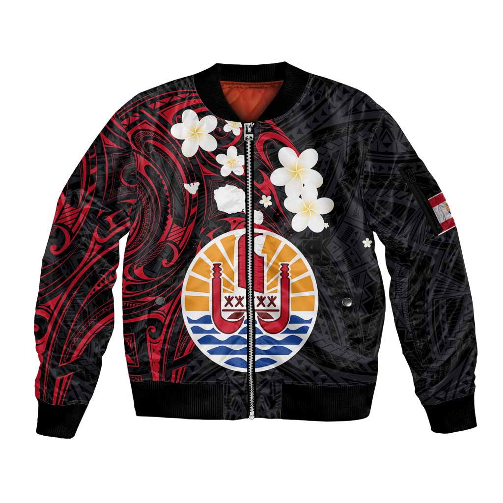 French Polynesia Tiare Day Sleeve Zip Bomber Jacket Seal and Polynesian Pattern LT03 Unisex Black - Polynesian Pride