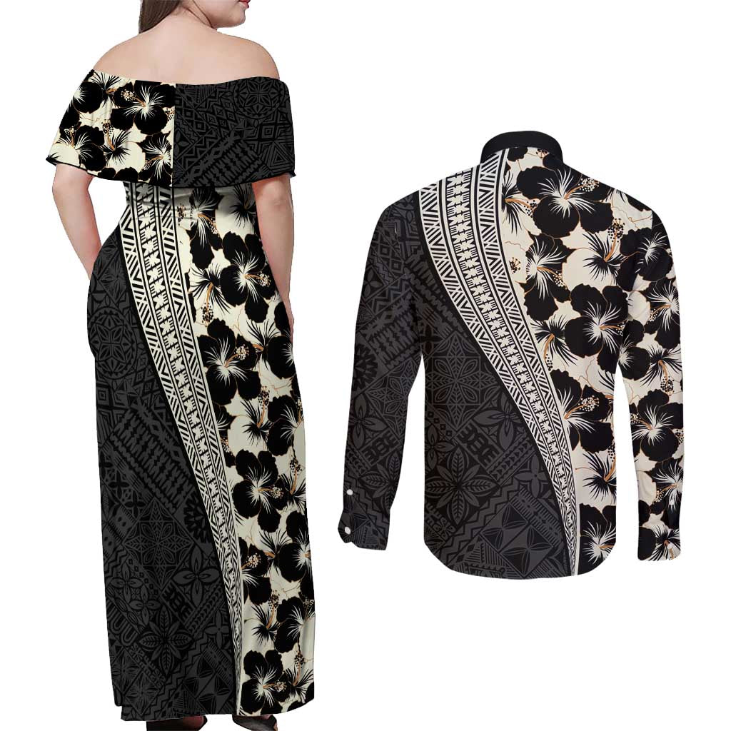 Bula Hibiscus Festival Couples Matching Off Shoulder Maxi Dress and Long Sleeve Button Shirt Tapa Pattern Half Style
