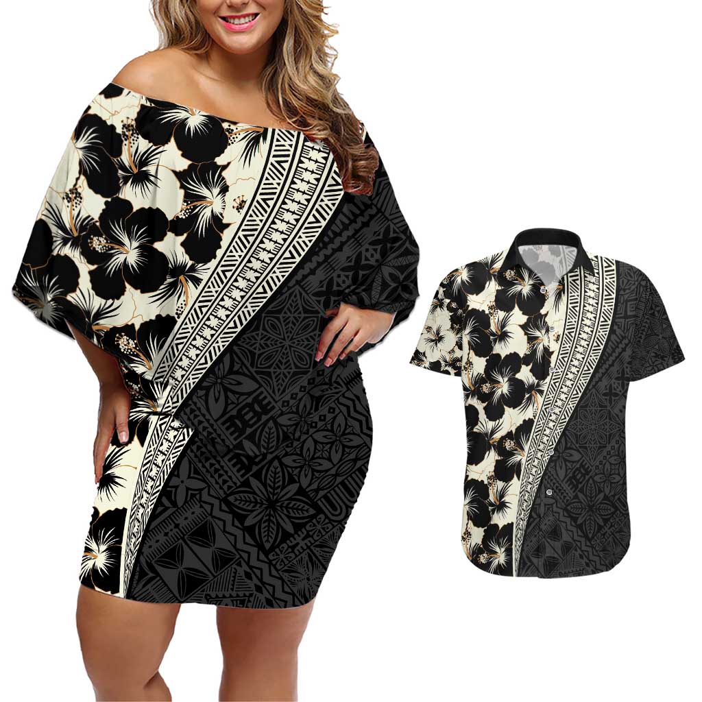 Bula Hibiscus Festival Couples Matching Off Shoulder Short Dress and Hawaiian Shirt Tapa Pattern Half Style