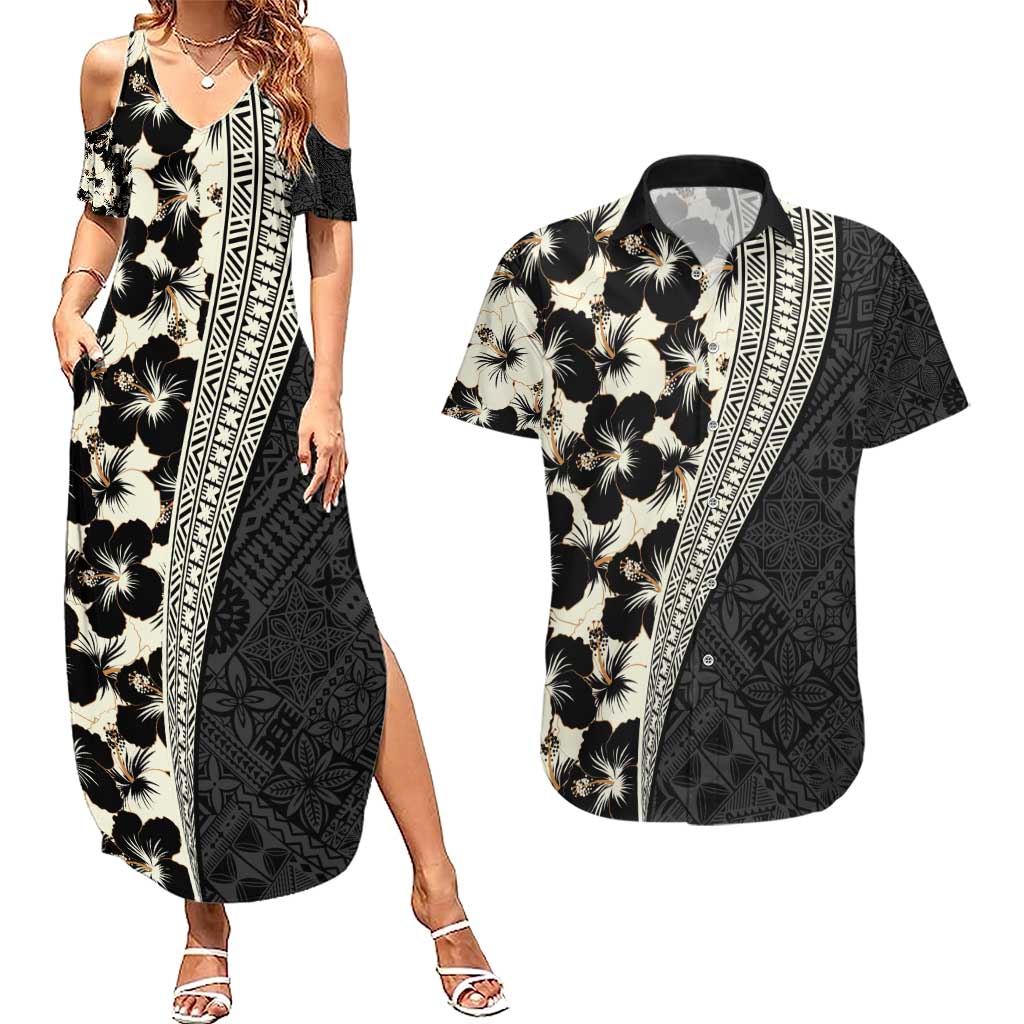 Bula Hibiscus Festival Couples Matching Summer Maxi Dress and Hawaiian Shirt Tapa Pattern Half Style