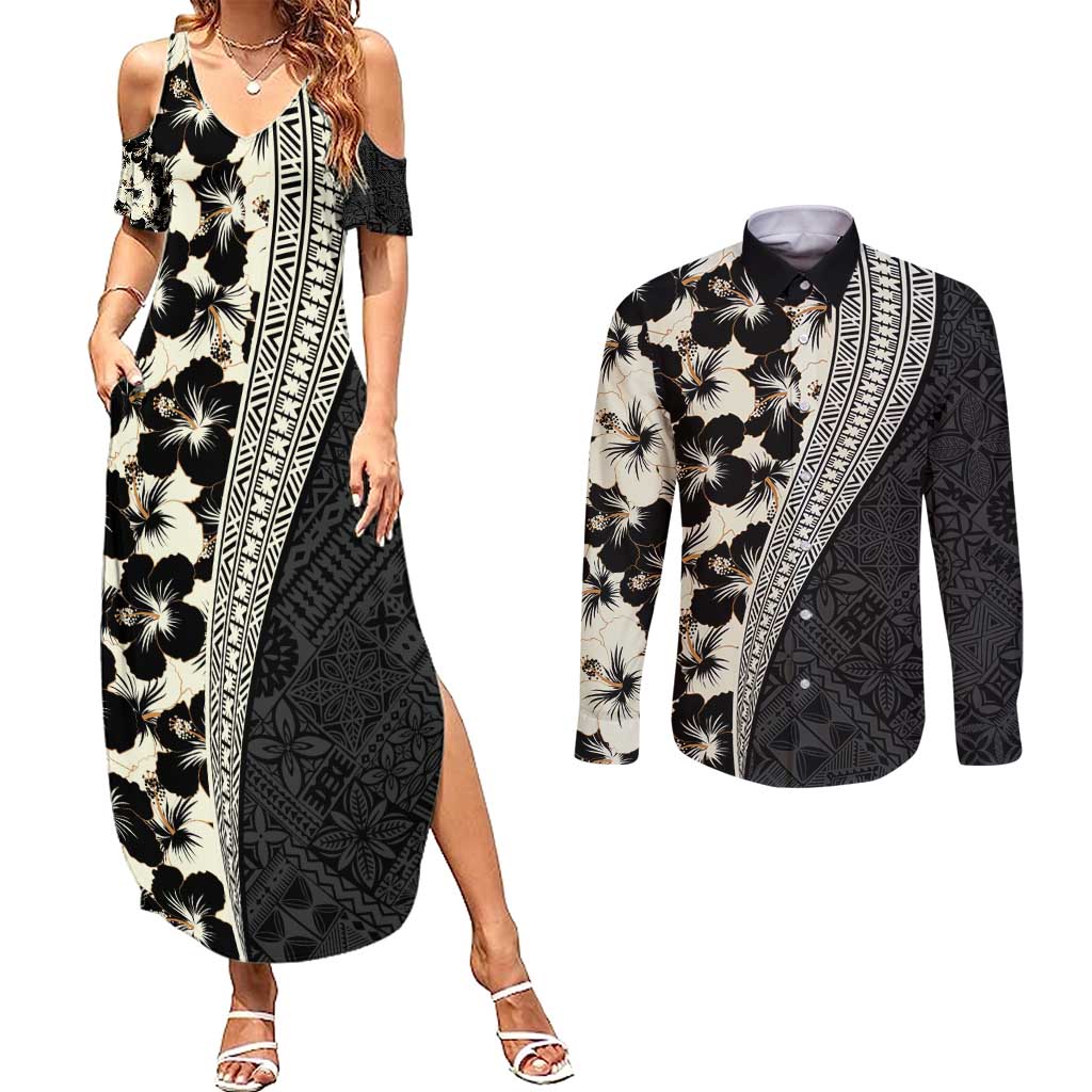 Bula Hibiscus Festival Couples Matching Summer Maxi Dress and Long Sleeve Button Shirt Tapa Pattern Half Style