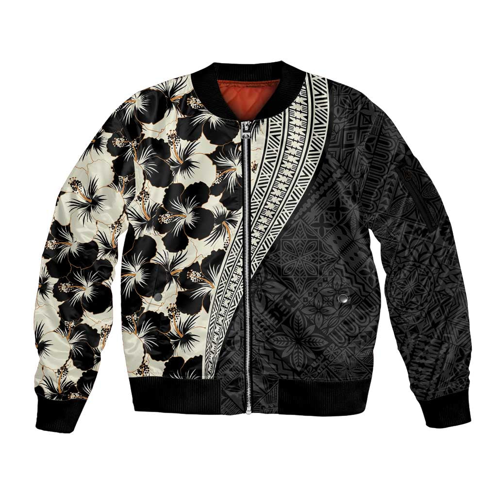 Bula Hibiscus Festival Sleeve Zip Bomber Jacket Tapa Pattern Half Style LT03 Unisex Beige - Polynesian Pride