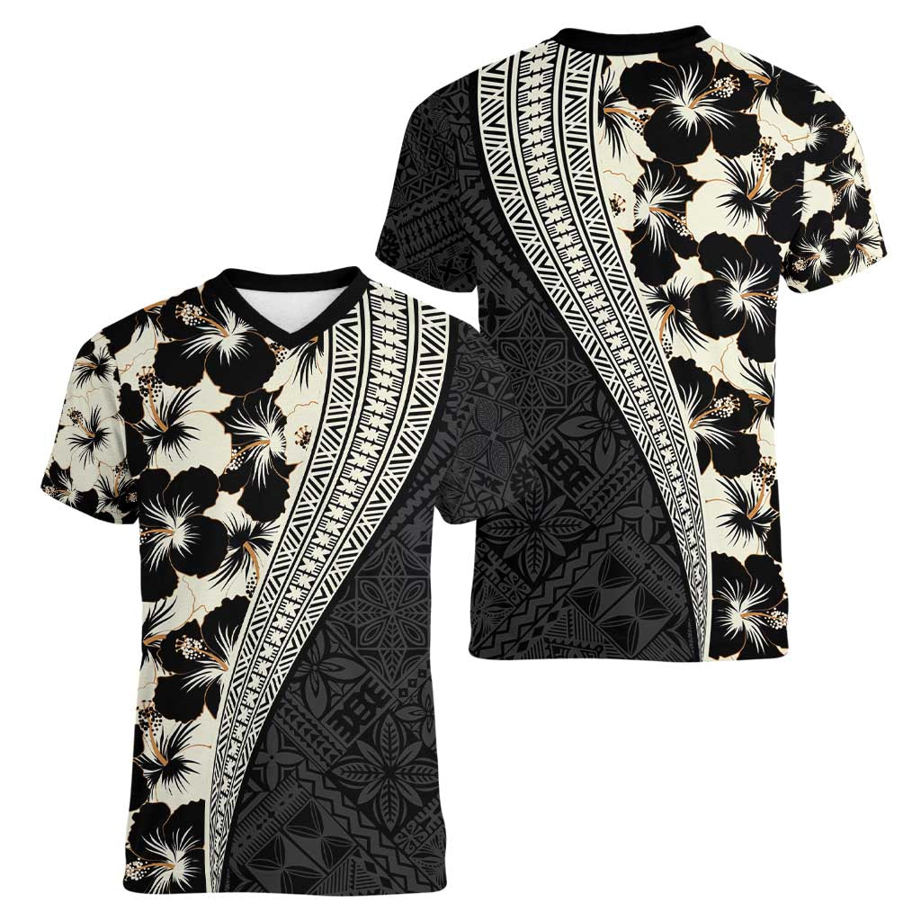 Bula Hibiscus Festival Women V-Neck T-Shirt Tapa Pattern Half Style