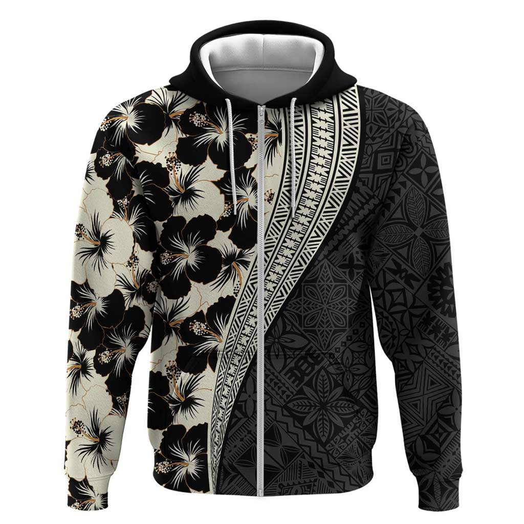 Bula Hibiscus Festival Zip Hoodie Tapa Pattern Half Style LT03 Zip Hoodie Beige - Polynesian Pride