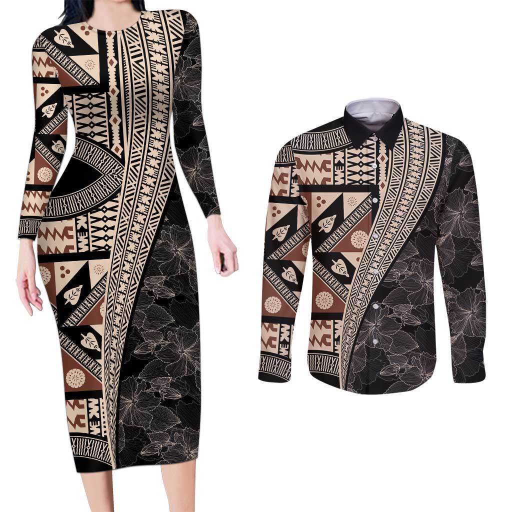 Bula Hibiscus Festival Couples Matching Long Sleeve Bodycon Dress and Long Sleeve Button Shirt Fijian Masi Pattern Half Style