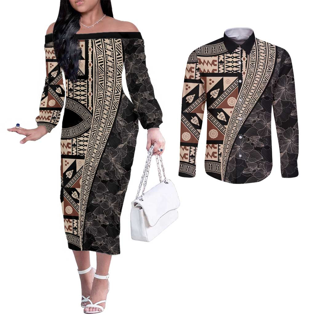 Bula Hibiscus Festival Couples Matching Off The Shoulder Long Sleeve Dress and Long Sleeve Button Shirt Fijian Masi Pattern Half Style