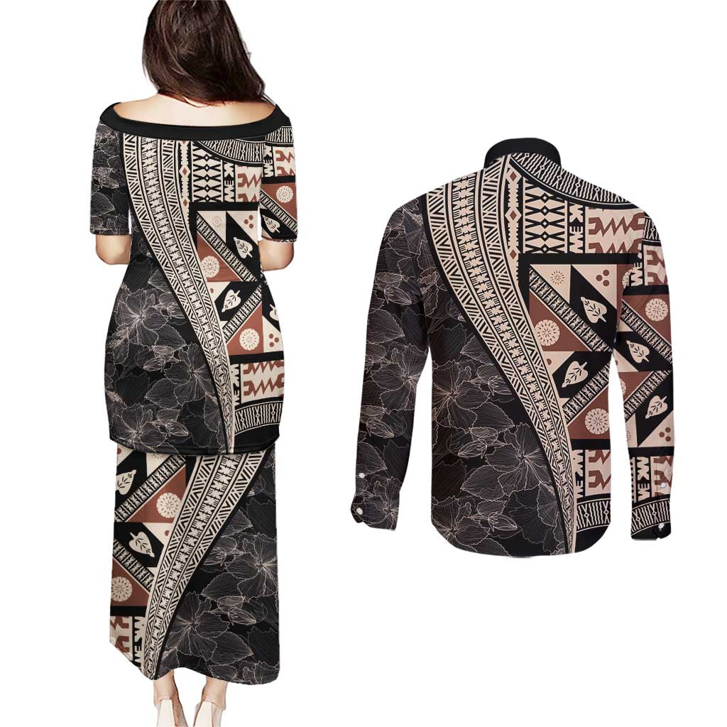 Bula Hibiscus Festival Couples Matching Puletasi and Long Sleeve Button Shirt Fijian Masi Pattern Half Style