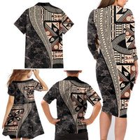 Bula Hibiscus Festival Family Matching Long Sleeve Bodycon Dress and Hawaiian Shirt Fijian Masi Pattern Half Style LT03 - Polynesian Pride