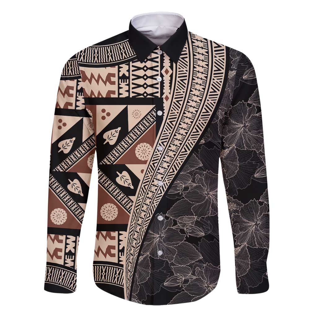 Bula Hibiscus Festival Family Matching Long Sleeve Bodycon Dress and Hawaiian Shirt Fijian Masi Pattern Half Style LT03 Dad's Shirt - Long Sleeve Beige - Polynesian Pride