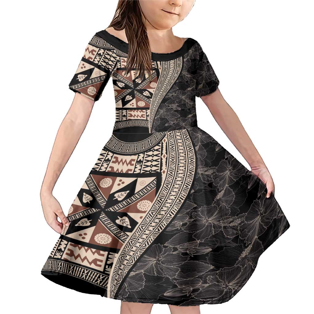 Bula Hibiscus Festival Family Matching Mermaid Dress and Hawaiian Shirt Fijian Masi Pattern Half Style LT03 Daughter's Dress Beige - Polynesian Pride