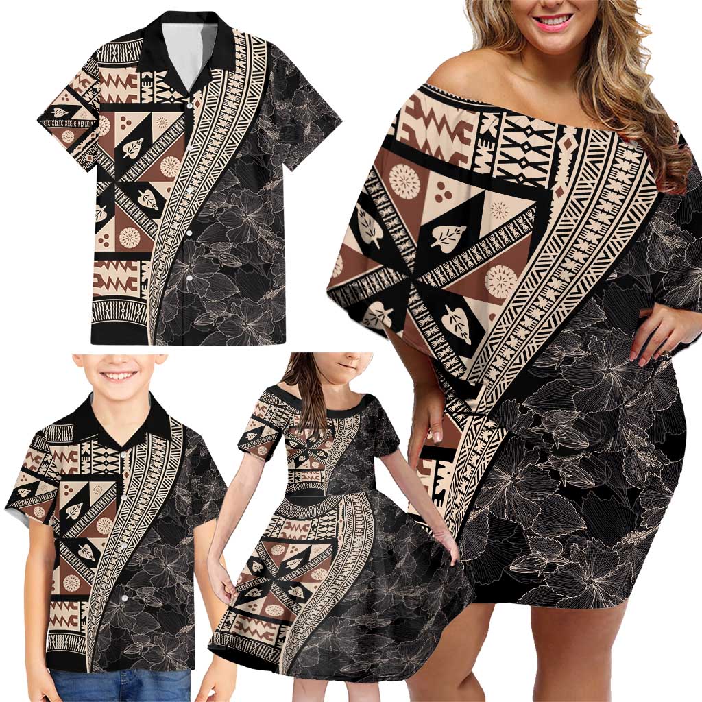 Bula Hibiscus Festival Family Matching Off Shoulder Short Dress and Hawaiian Shirt Fijian Masi Pattern Half Style