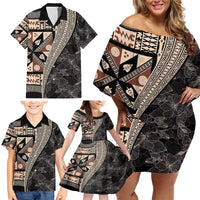 Bula Hibiscus Festival Family Matching Off Shoulder Short Dress and Hawaiian Shirt Fijian Masi Pattern Half Style