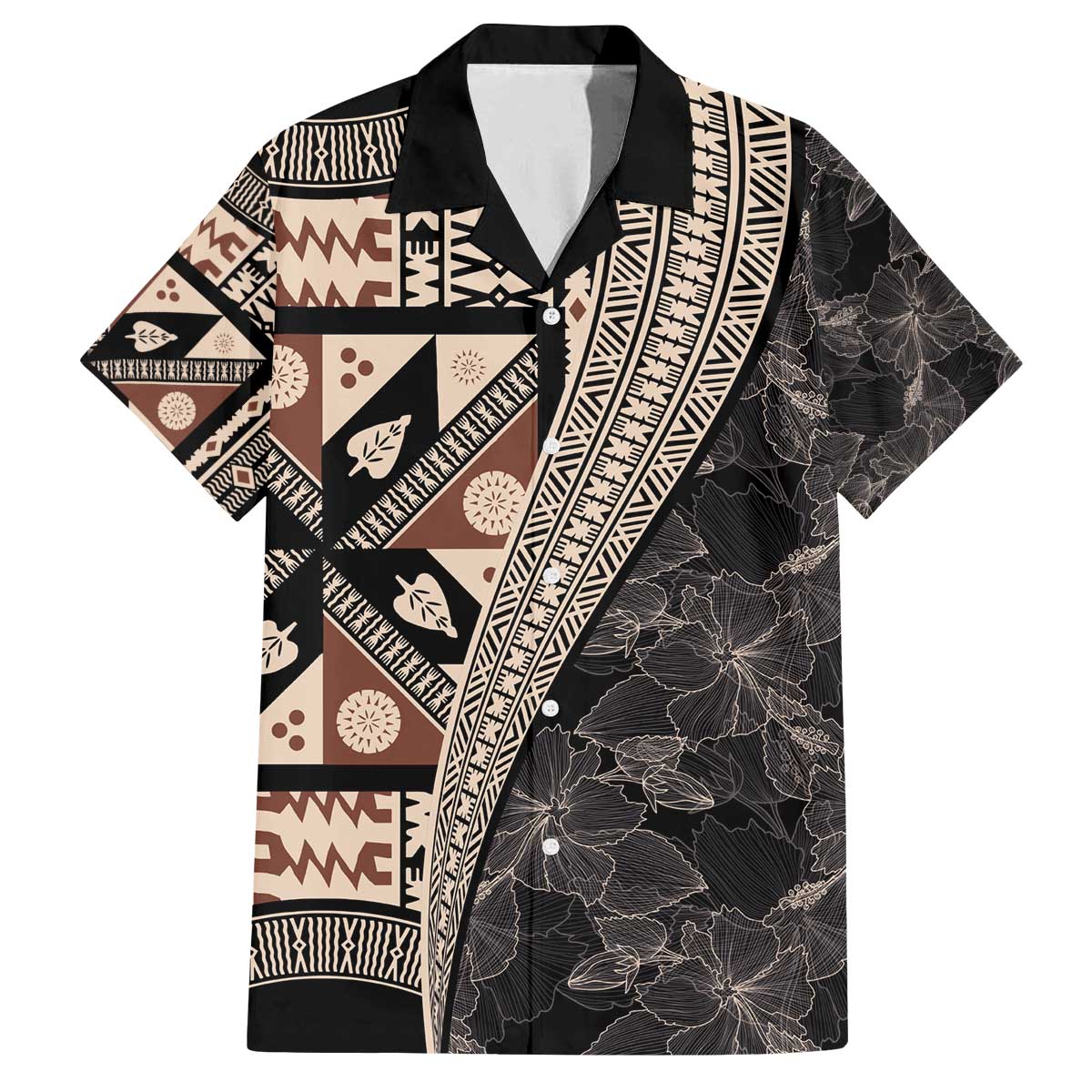 Bula Hibiscus Festival Family Matching Puletasi and Hawaiian Shirt Fijian Masi Pattern Half Style LT03 Dad's Shirt - Short Sleeve Beige - Polynesian Pride