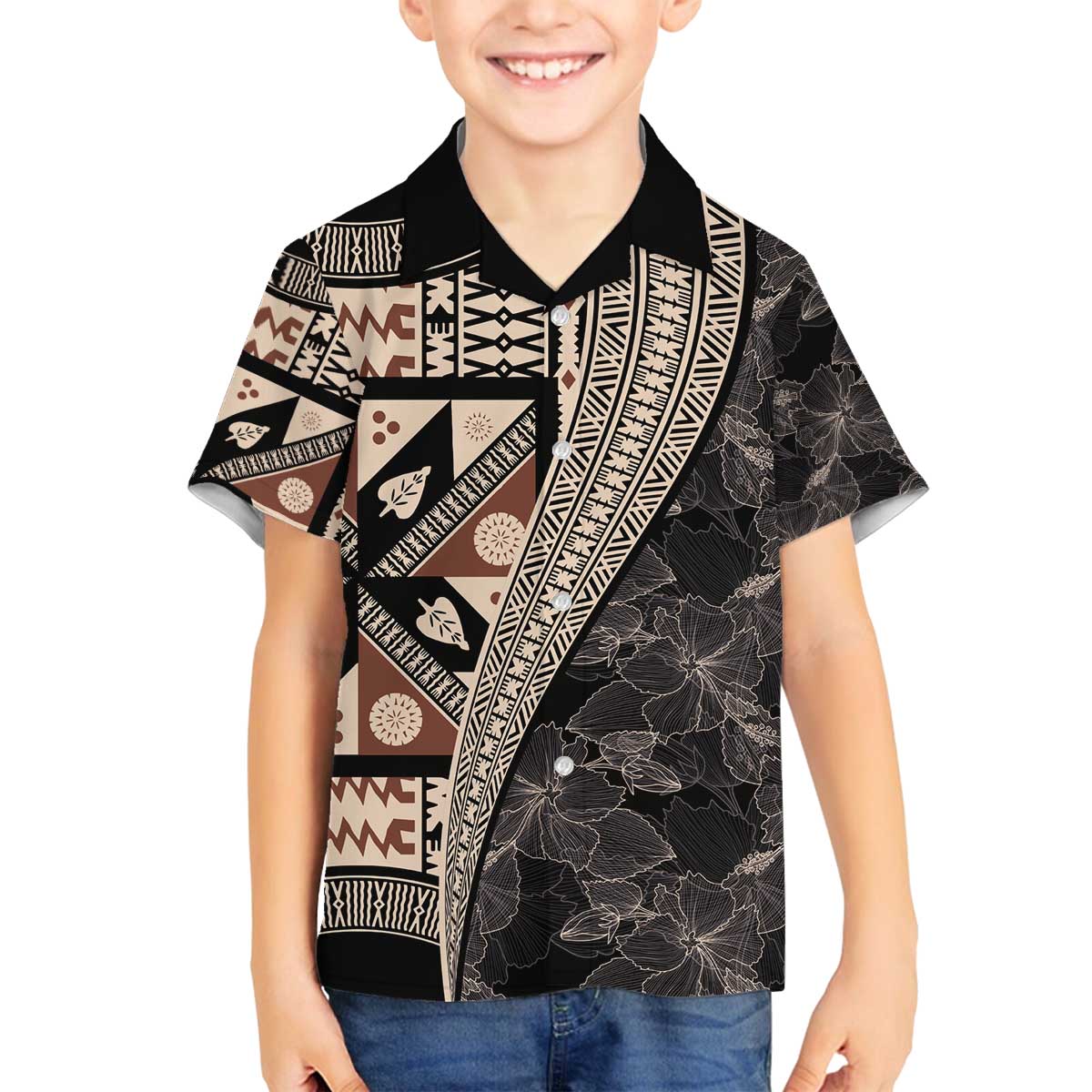 Bula Hibiscus Festival Family Matching Puletasi and Hawaiian Shirt Fijian Masi Pattern Half Style LT03 Son's Shirt Beige - Polynesian Pride