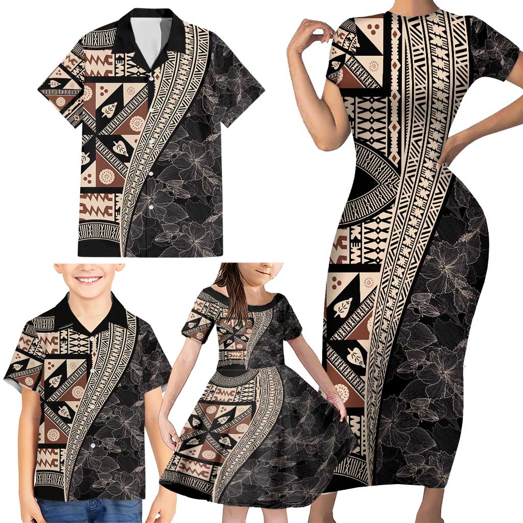 Bula Hibiscus Festival Family Matching Short Sleeve Bodycon Dress and Hawaiian Shirt Fijian Masi Pattern Half Style LT03 - Polynesian Pride