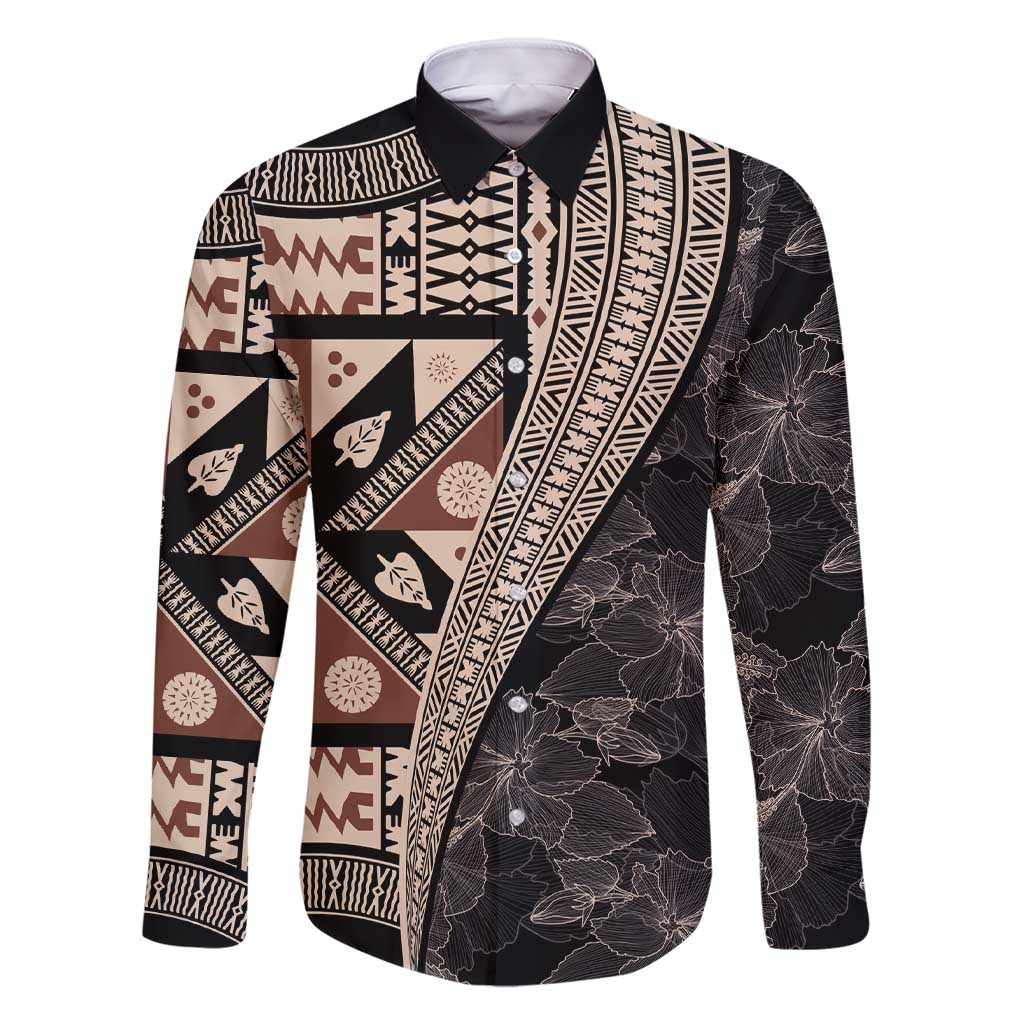 Bula Hibiscus Festival Family Matching Short Sleeve Bodycon Dress and Hawaiian Shirt Fijian Masi Pattern Half Style LT03 Dad's Shirt - Long Sleeve Beige - Polynesian Pride