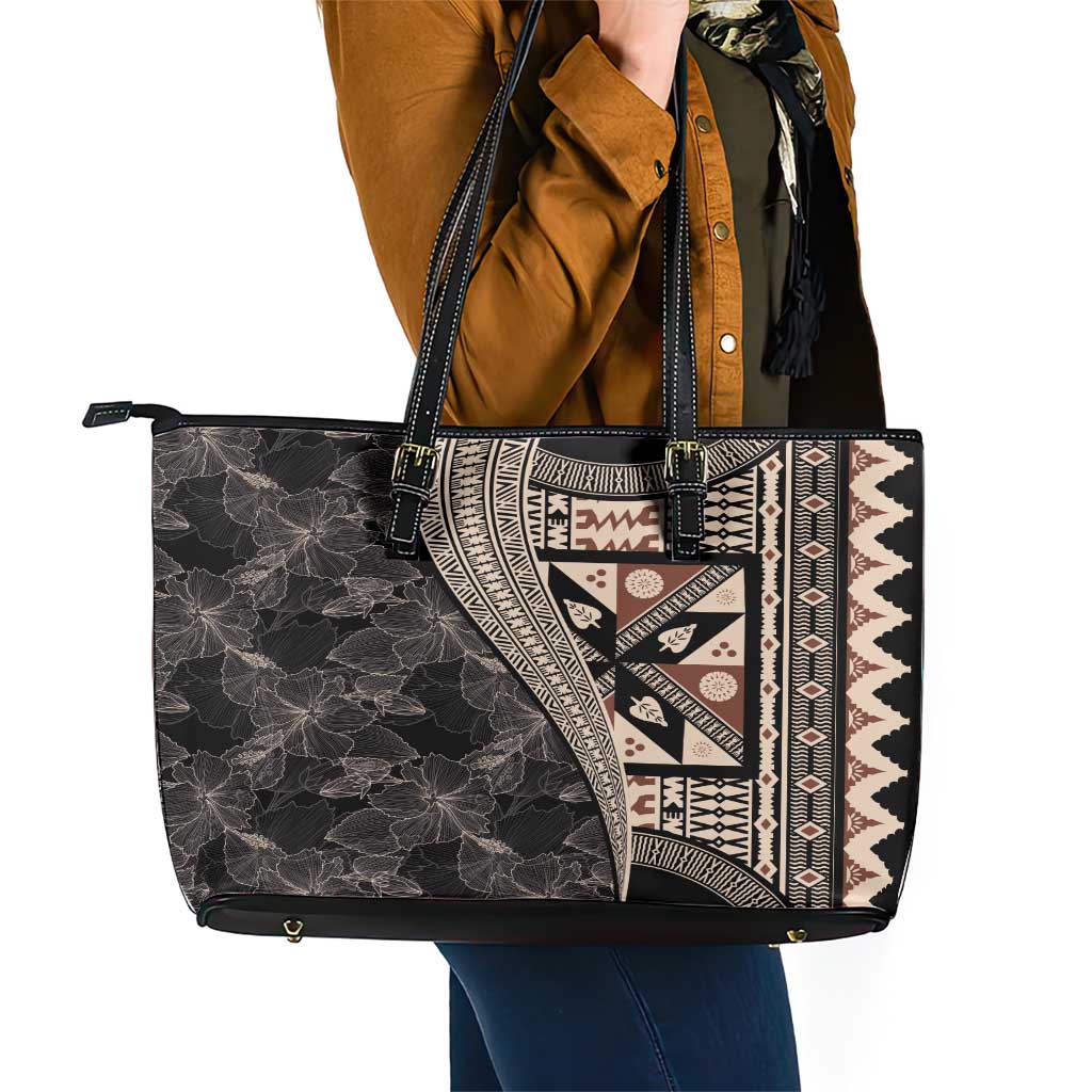 Bula Hibiscus Festival Leather Tote Bag Fijian Masi Pattern Half Style