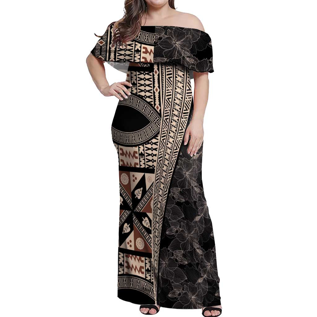 Bula Hibiscus Festival Off Shoulder Maxi Dress Fijian Masi Pattern Half Style LT03 Women Beige - Polynesian Pride