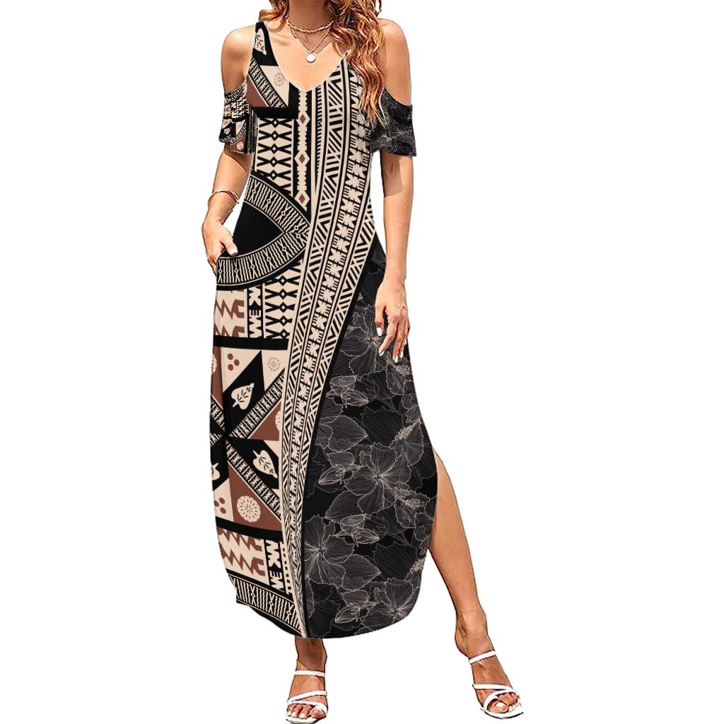 Bula Hibiscus Festival Summer Maxi Dress Fijian Masi Pattern Half Style