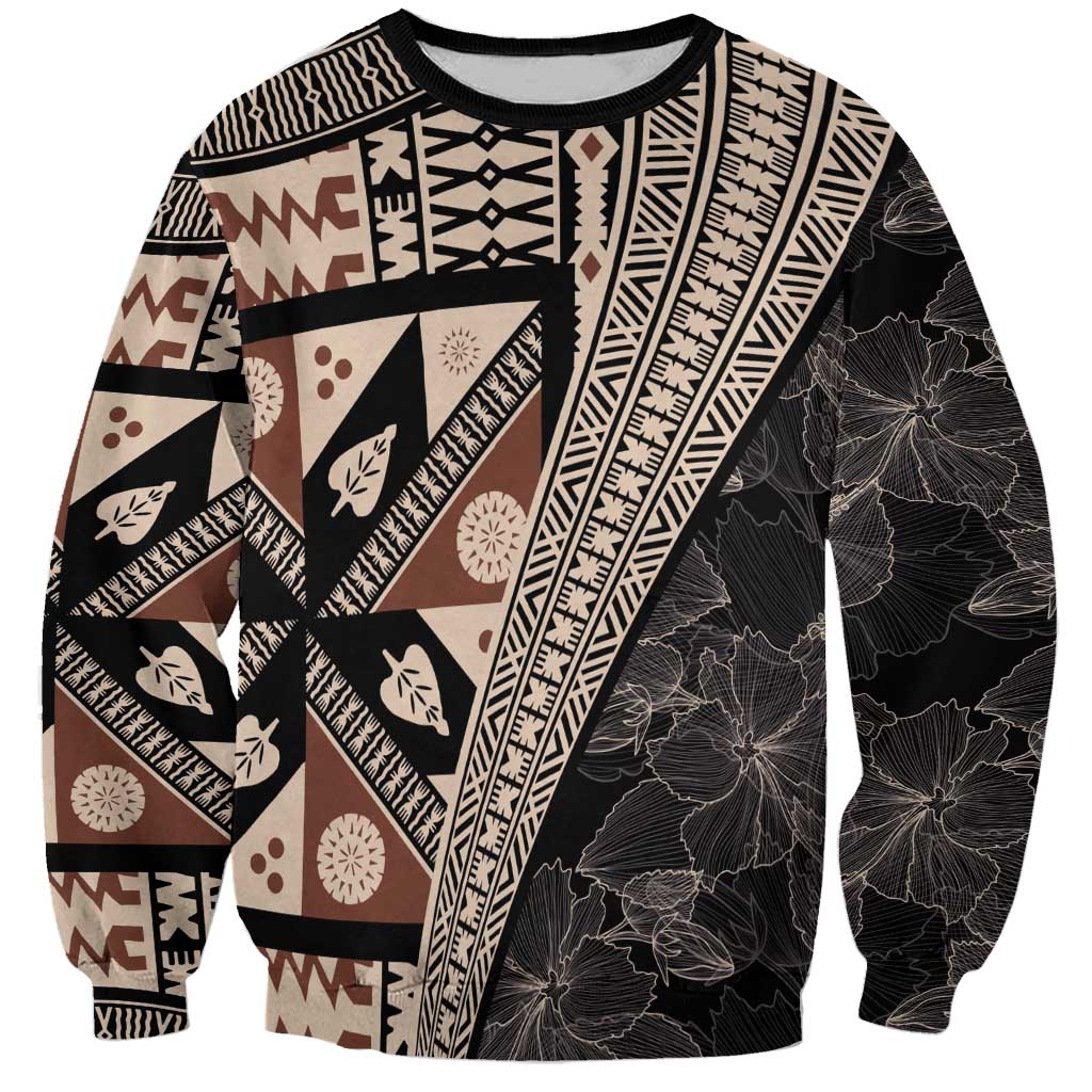 Bula Hibiscus Festival Sweatshirt Fijian Masi Pattern Half Style LT03 Unisex Beige - Polynesian Pride